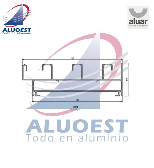 Perfil Aluar 8674 línea A40 Compact - Marco perimetral 3 guías con mosquitero corte a 45º - Aluoest