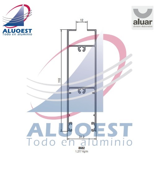 Perfil Aluar 8682 línea A40 Compact - Zócalo alto de hoja corte a 90º para vidrio simple - Aluoest
