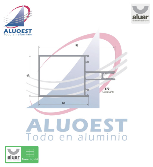 Perfil Aluar 8771 línea Frente Integral 50 - Columna / Travesaño 60 mm - Aluoest
