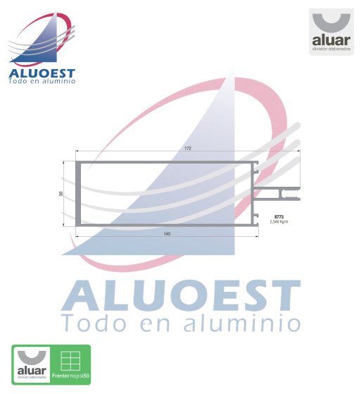 Perfil Aluar 8773 línea Frente Integral 50 - Columna / Travesaño 140 mm - Aluoest