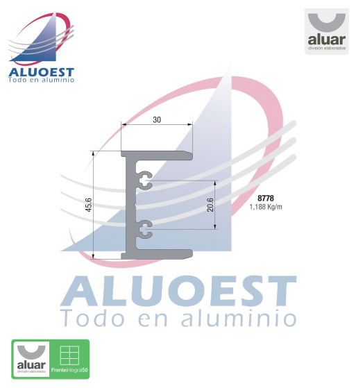 Perfil Aluar 8778 línea Frente Integral 50 - "U" de armado travesaño - Aluoest