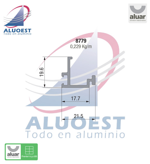 Perfil Aluar 8779 línea Frente Integral 50 - Adaptador para vidrio simple - Aluoest